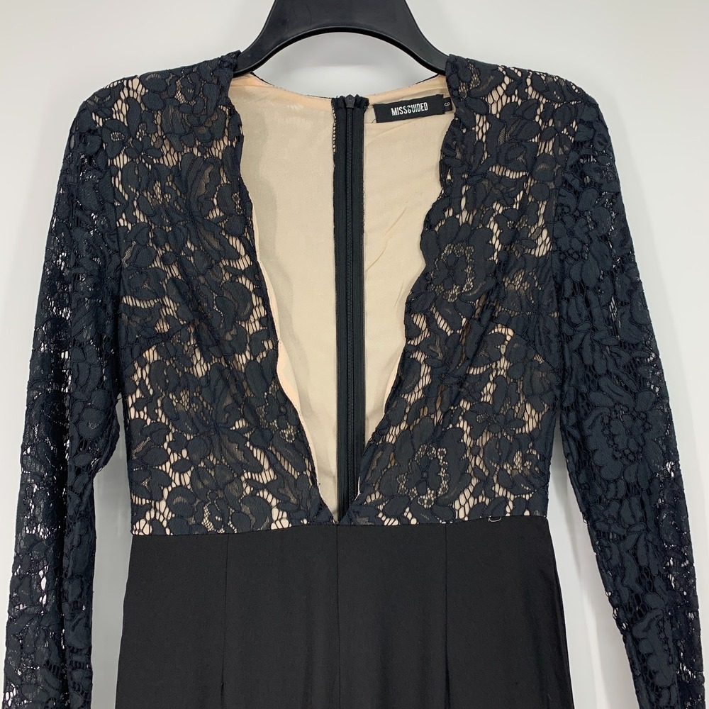 Missguided Jumpsuit Womens Size 2 Black Lace Plunge V Neck Long Sleeve Straight - Picture 4 of 13